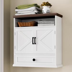 Viroformo Bathroom Wall Cabinet, Farmhouse Wall Mounted Medicine Cabinets with Drawer, Barn Doors and Adjustable Shelf, White Over Toilet Storage Cabinet for Kitchen, Living Room