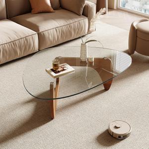 Honyee Morden Coffee Table, 42.5" x 28.5" x 16.1" Triangle Tempered Glass Top for Living Room, Color: Natural Wood