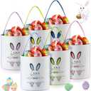 Talltalk 6 Pieces Easter Bunny Basket Bulk for Kids Canvas Rabbit Egg Print Bucket Tote Bags for Boys Girls Gifts Egg Hunts Decorations Favors Carry Candy Storage