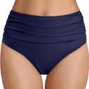 Tempt Me Women's High Waisted Bikini Bottom Tummy Control Ruched Bathing Suit Swim Bottom (Large, Navy Blue)