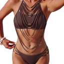 ZAFUL Women's Tassel Halter Bikini Set Metal Decor Cheeky Two Piece Swimsuit High Cut Bathing Suit (Large, 0-coffee)
