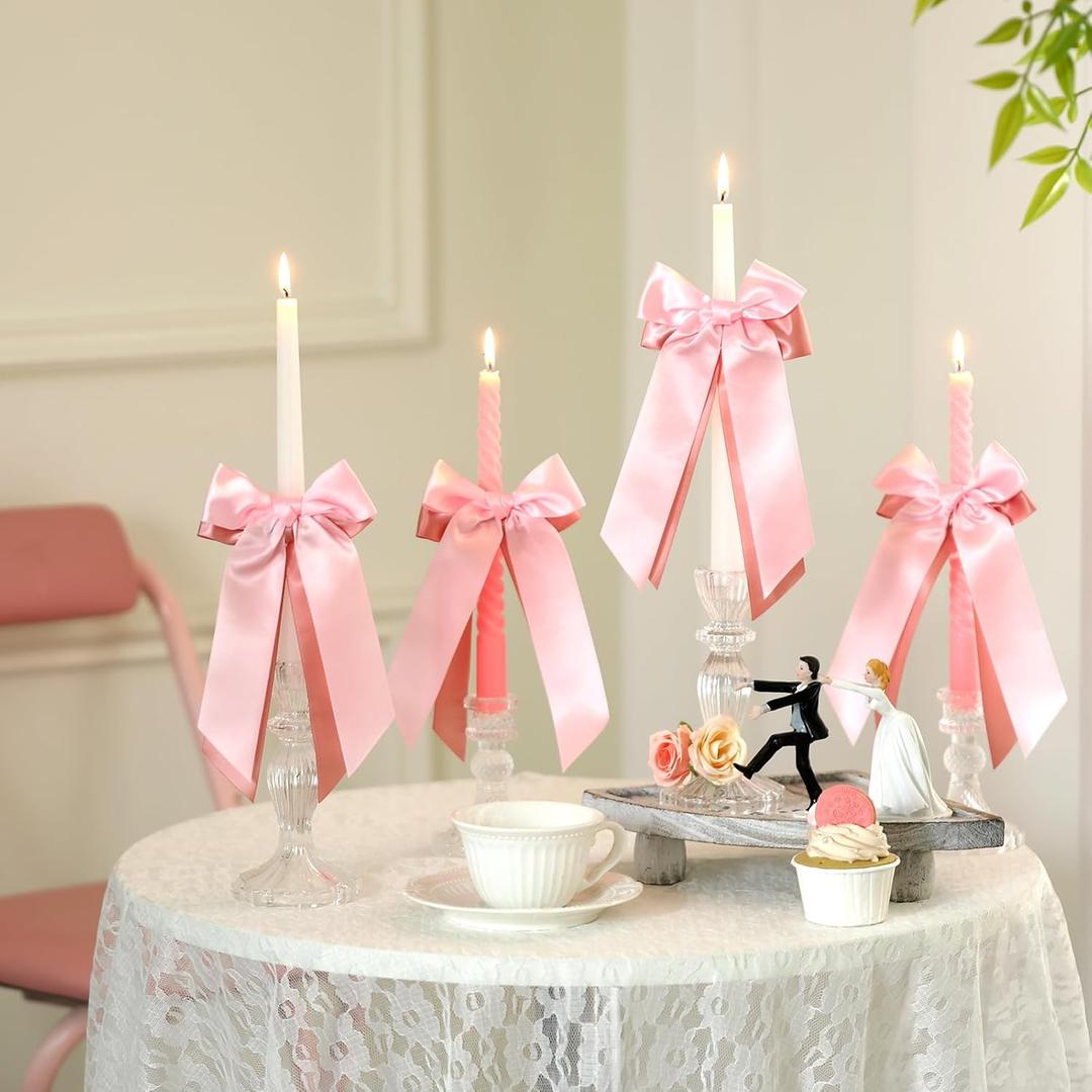 12 Pcs Pink Valentines Candlestick Bows Decor Double-layer Satin Ribbon Bow for Candle 7.9'' Pre-tied Bowknot with Ties for Wedding Coquette Bridal Shower Pink Party Decor Table Centerpieces