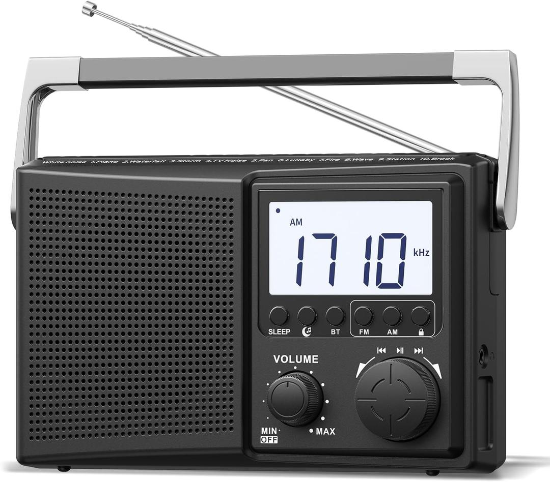 LEOTEC AM FM Radio with Bluetooth,Portable Radio Strong Reception,Plug in Wall,Battery Operated,10 White Noise Sounds,Digital Sleep Timer,Headphone Jack,Volume Control,Easy to Use,Gifts for Seniors