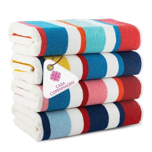 CASA COPENHAGEN Bora Bora Beach Towels Designed in Denmark Rough and Tough, Quick Dry, for Pool, Bath & Shower 30x60 inches 4 Pieces Cotton Beach Bath Towels Set - Pink, Red, Yellow, Turquoise