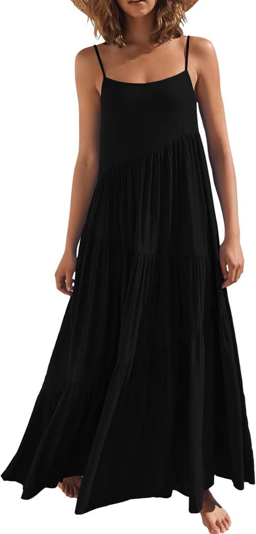 ANRABESS Women Summer Casual Loose Sleeveless Sundress Spaghetti Strap Flowy Boho Linen Beach Vacation Maxi Long Dress (Small, Black)