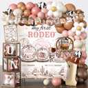 240PCS My First Rodeo Decorations Girl, Western Cowgirl First Birthday Supplies, All-in-1 Supplies Pack Includes 20 plates, Backdrop Tablecloth Balloon Kit for Girl First Birthday Party