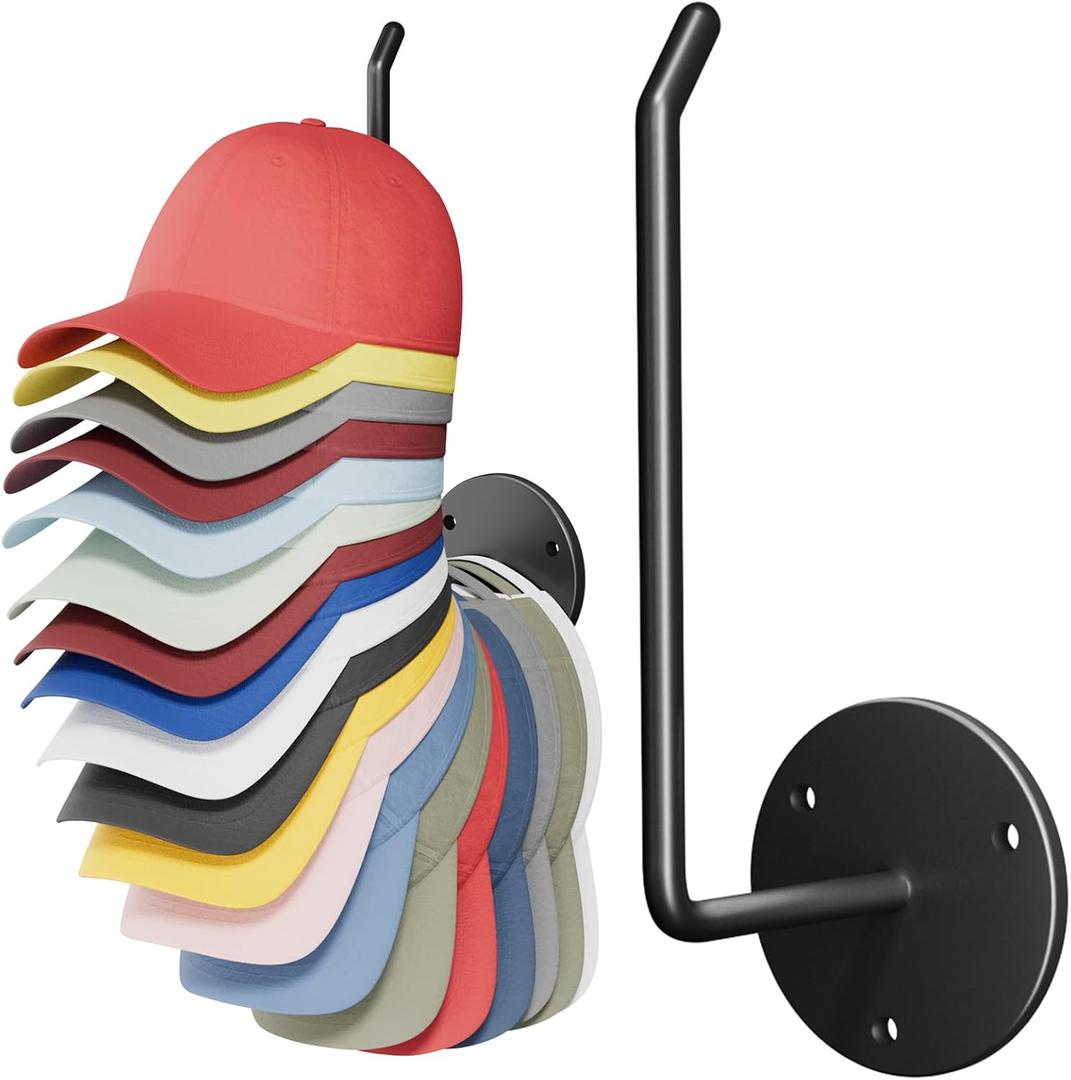 Hat Organizer for Baseball Caps, Hat Rack, Hat Hooks for Wall, Paper Towel Holder, Drilled or Adhesive Hanger for Door, Wall, Closet, Storage for Caps, Towel, Paper, Headband, Key, Belt, Tie, 2 Pcs (2 Pack, Black)