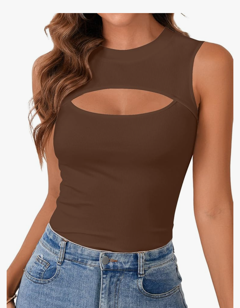 Vrtige Women's Sexy Cut Out Tank Crewneck Ribbed Knit Sleeveless Slim Fit Top Shirt, Size L 