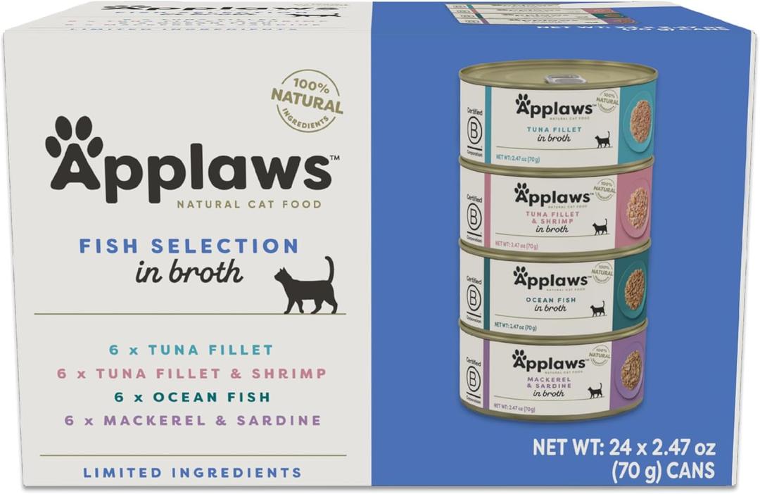 Applaws Natural Wet Canned Cat Food, Limited and Natural Ingredients, High Protein with No Artificial Additives, Fish Selection Variety Pack in Broth (24 x 2.47oz Cans)