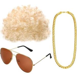 Gejoy Hippie Disco Costume Men Set Funky Afro Wig,Gold Celebrity Sunglasses Faux Gold Chain for 50/60/70s Party Accessories(Gold Hair)