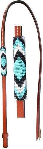 Showman 4' Leather Over Under Whip w/Teal, Black & White Beaded Overlay