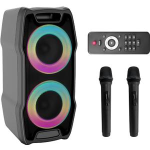 VeGue Karaoke Machine, Wireless Bluetooth PA System for Adults & Kids with Dual 8'' Subwoofers, 2 UHF Wireless Mics, Colorful LED Lights, Ideal for Home Karaoke, Party, Stage Performance (VS-0808)