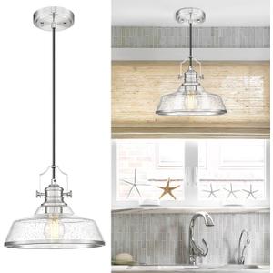 kudos Brushed Nickel Pendant Lights Kitchen Island, Large Pendant Light with Seeded Glass, Industrial Hanging Lighting for Kitchen Sink Dining Room Bathroom,KDPL13-BN-S