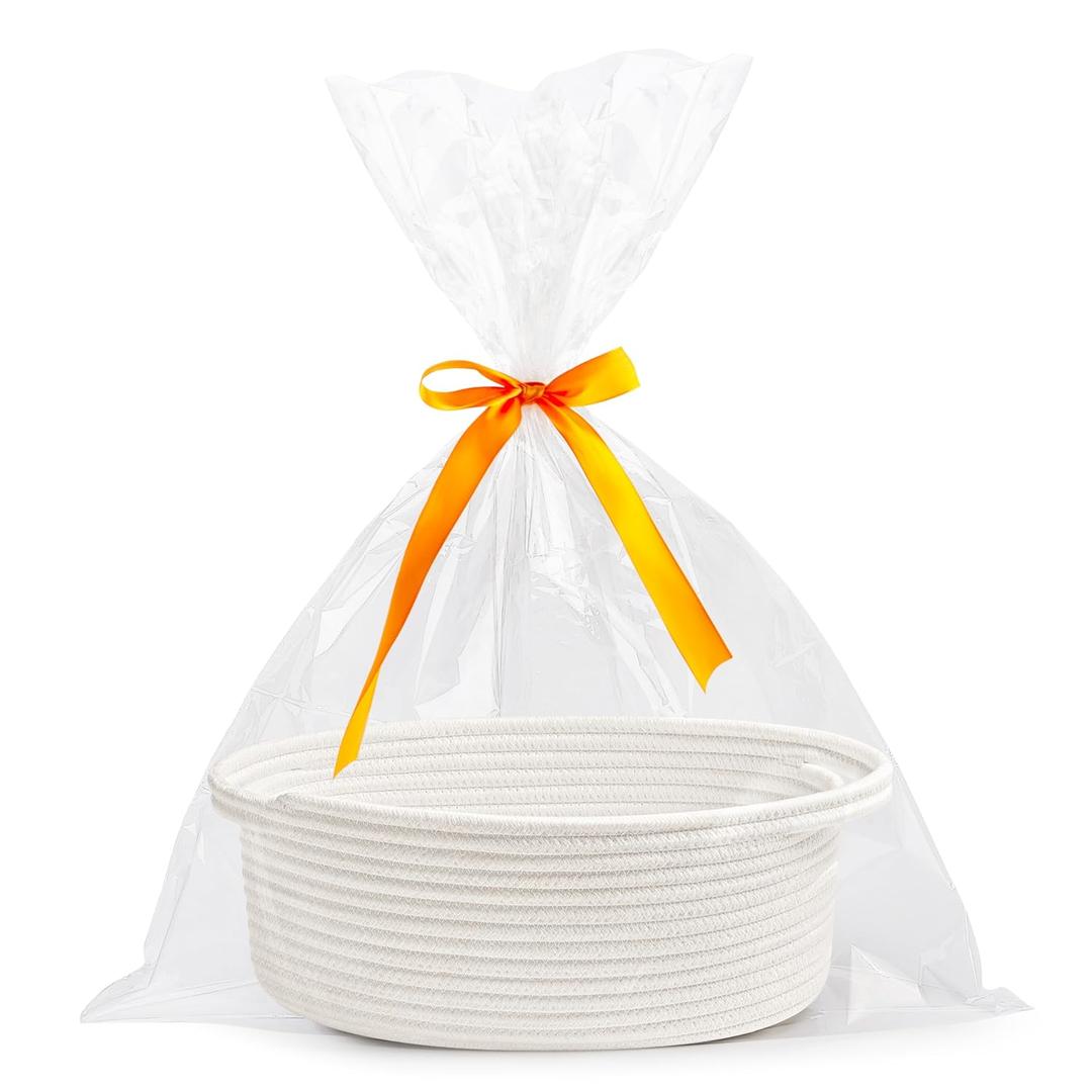 Pro Goleem Small Woven Basket with Gift Bags and Ribbons Durable Baskets for Gifts Empty Small Rope Basket for Storage 12"X 8" X 5" Baby Toy Baskets with Handles, White