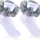 6 Pairs Girls White Ruffle Socks Toddler Big Double Shimmering Lace Turn Cuff Dress Socks (Green, S)
