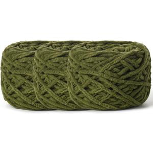 3 Pack Fluffy Chenille Chunky Yarn for Crocheting 100g(65.6yd) - Baby Yarn for Crocheting Soft - Velvet Yarns for Crochet Blanket - Amigurumi Crochet Yarns (Army Green)