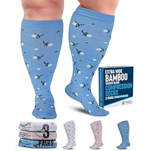 Doctor's Select 3 Pairs Plus Size Compression Socks Wide Calf | Bamboo Viscose Knee High Socks | Extra Wide Calf | Peach, White, Light Blue (Flowers),  Size: X-Large