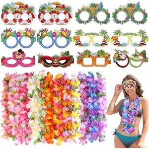12 Pieces Hawaiian Leis and 12 Pieces Luau Party Glasses, Hawaiian Accessories, 12 Colours Leis for Luau Party, 8 Styles Paper Glasses for Hawaii Luau Party Favors