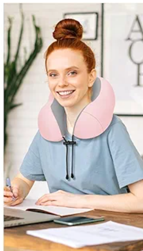 Travel Pillow for Airplane Memory Foam Pillow,  Neck Pillow for Travelling with Eye Mask, Earplugs and Storage Bag, Sleeping Rest, Car, Train and Home Use Cooling, Grey&Pink