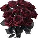 Whaline 12 Pack Valentine's Day Wine Red Artificial Roses Bouquet Vintage Silk Fake Burgundy Roses Lifelike Gothic Rose Flower Long Stem for Wedding Anniversary Birthday Party Table Centerpieces Decor