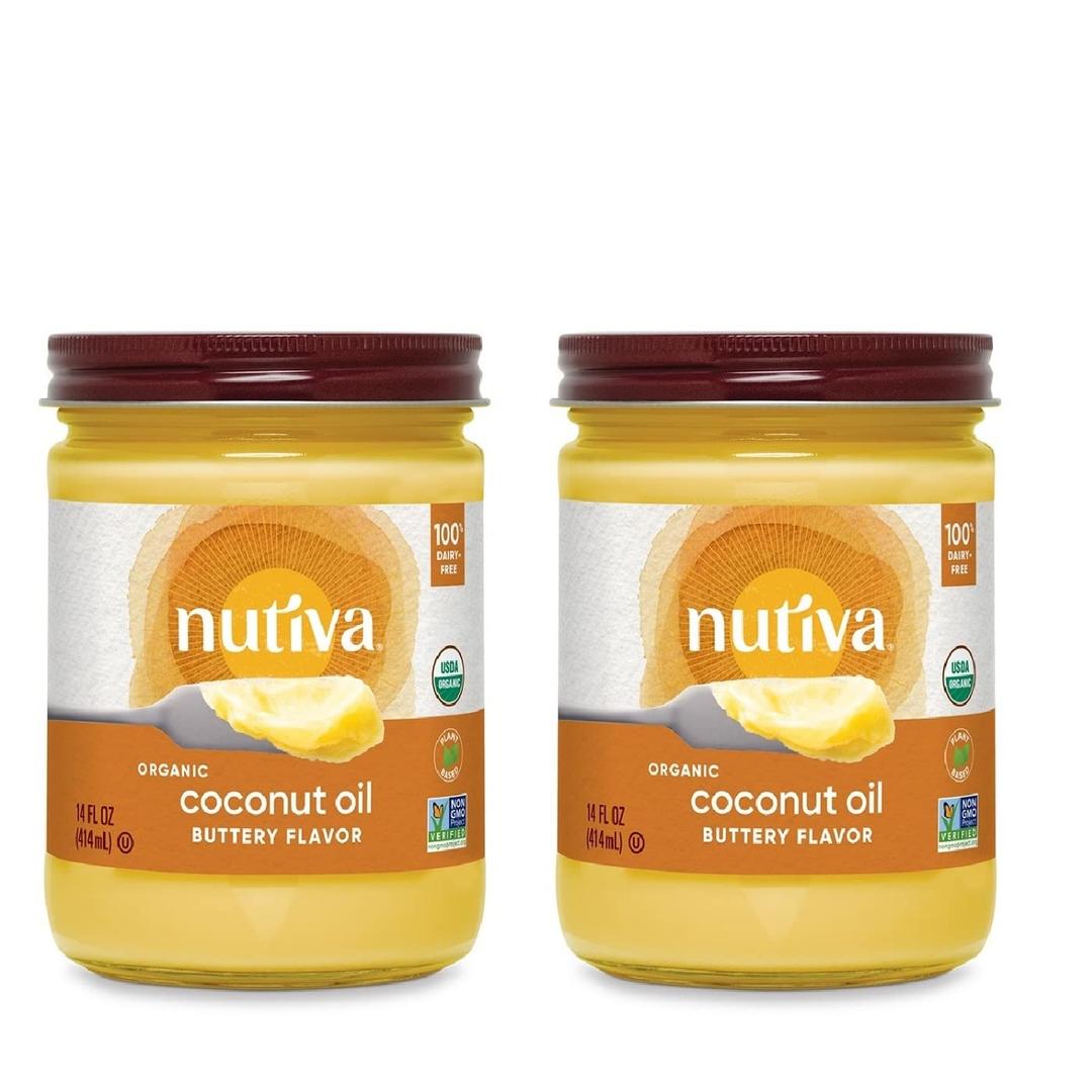 Nutiva Organic Coconut Oil with Non-Dairy Butter Flavor, 14 Ounce (Pack of 2), USDA Organic, Non-GMO, Whole 30 Approved, Vegan & Gluten-Free, Plant-Based Replacement for Butter (EXP 08/14/27)