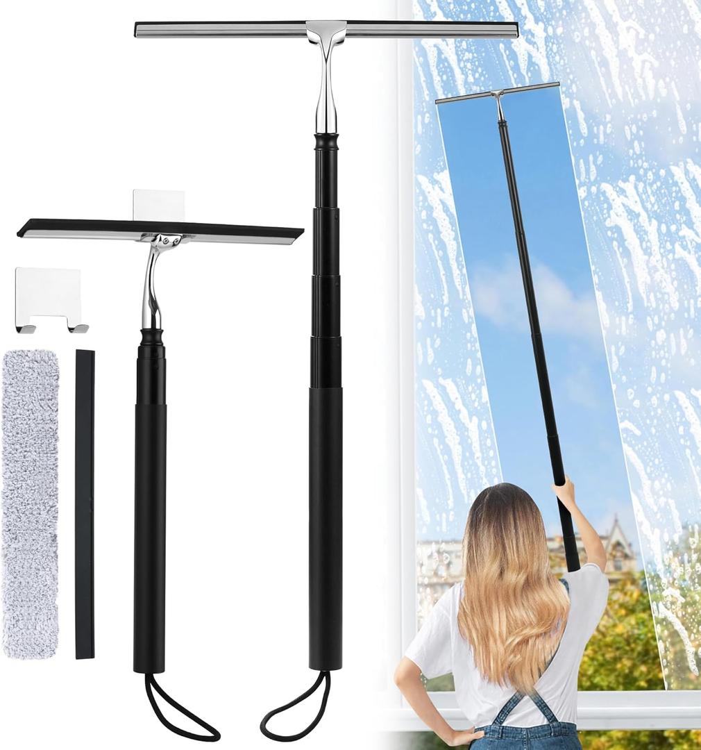 2 in 1 Window Squeegee, Shower Squeegee Window Cleaning Kit with Extension Pole Long Handle Squeegee for Shower Glass Floor Bathroom Home Outdoor, 12 inch Wide, Black