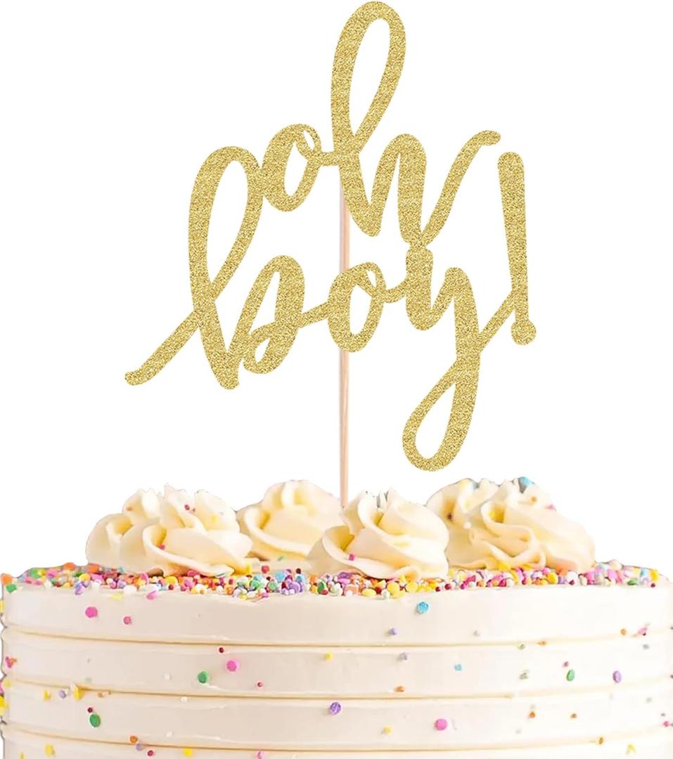 Oh Boy Cake Topper - Gold Glitter Baby Gender Reveal Party Cake decorations Supplies, for Baby Shower/ 1st Birthday Party Photo Booth Props