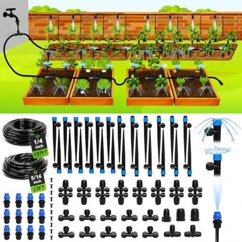 Bonviee Drip Irrigation System 230FT – Quick Connect Garden Watering Kit with Adjustable Drip Emitters, 1/4” & 5/16” Tubing for Raised Beds, Greenhouse, Lawn, Automatic Timer Compatible
