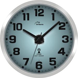 WallarGe Atomic Wall Clock with Night Light - Silent Lighted up Wall Clock Glow in The Dark, Battery Operated, AUTO DST, 12 Inch (Silver)