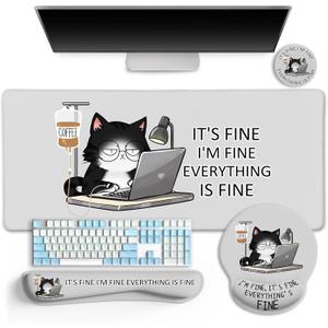 Cat Ergonomic Mouse Pad with Wrist Rest Desk Mat Sets Accessories, Cute Mouse Pads for Desk, Gaming Mouse Pad Wrist Support, Keyboard Mat Wrist Rest Cup Coaster Funny Office Desk Accessories