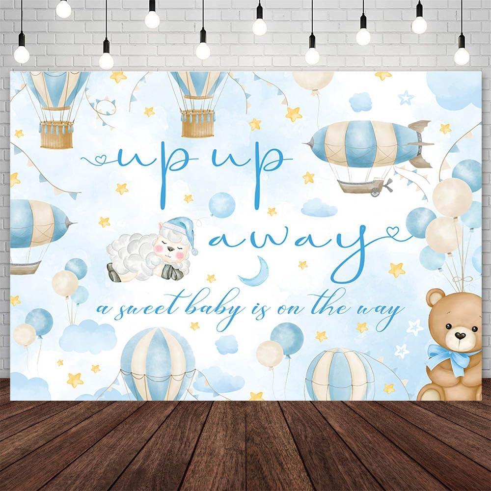 7x5ft Up Up and Away Baby Shower Backdrop A Baby is On The Way Photography Background Blue Hot Air Balloon Travel Begins Adventure Awaits Baby Shower Party Banner Photo Supplies Studio Props