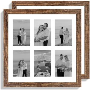 Hongkee 14x14 Picture Frame Set of 2, Rustic Brown with Glass Collage Frame, Display Photo Six Opening 4x6 With Mat or 14 x 14 Without Mat - Horizontal or Vertical Wall Mounting, 14x14 in matted to 6-4x6