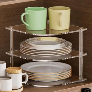 Plate Organizer for Cabinet Space Saver - Clear Acrylic Corner Shelf for Dishes, Bowls - 3-Tier Kitchen Cabinet Plate Organization, Dinner Plates Holder, and Small Shelf for Bathroom Storage, Clear