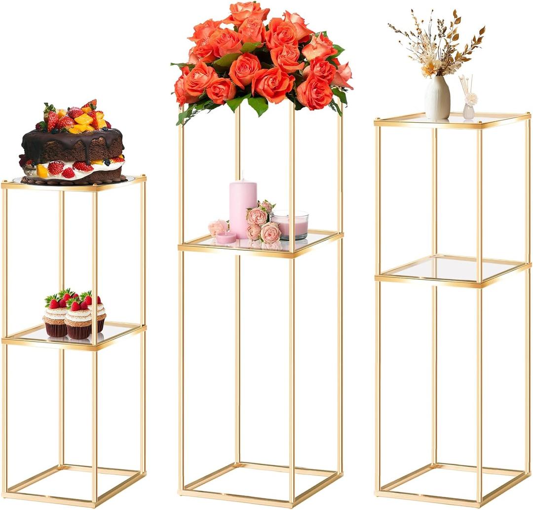 2-Tier Metal Flower Stand Set with Acrylic Shelves, Geometric Display Rack for Wedding Centerpieces, Party Decor, Tall Floor Vase Stand (Gold, Set of 3-36.8"/32.9"/25")