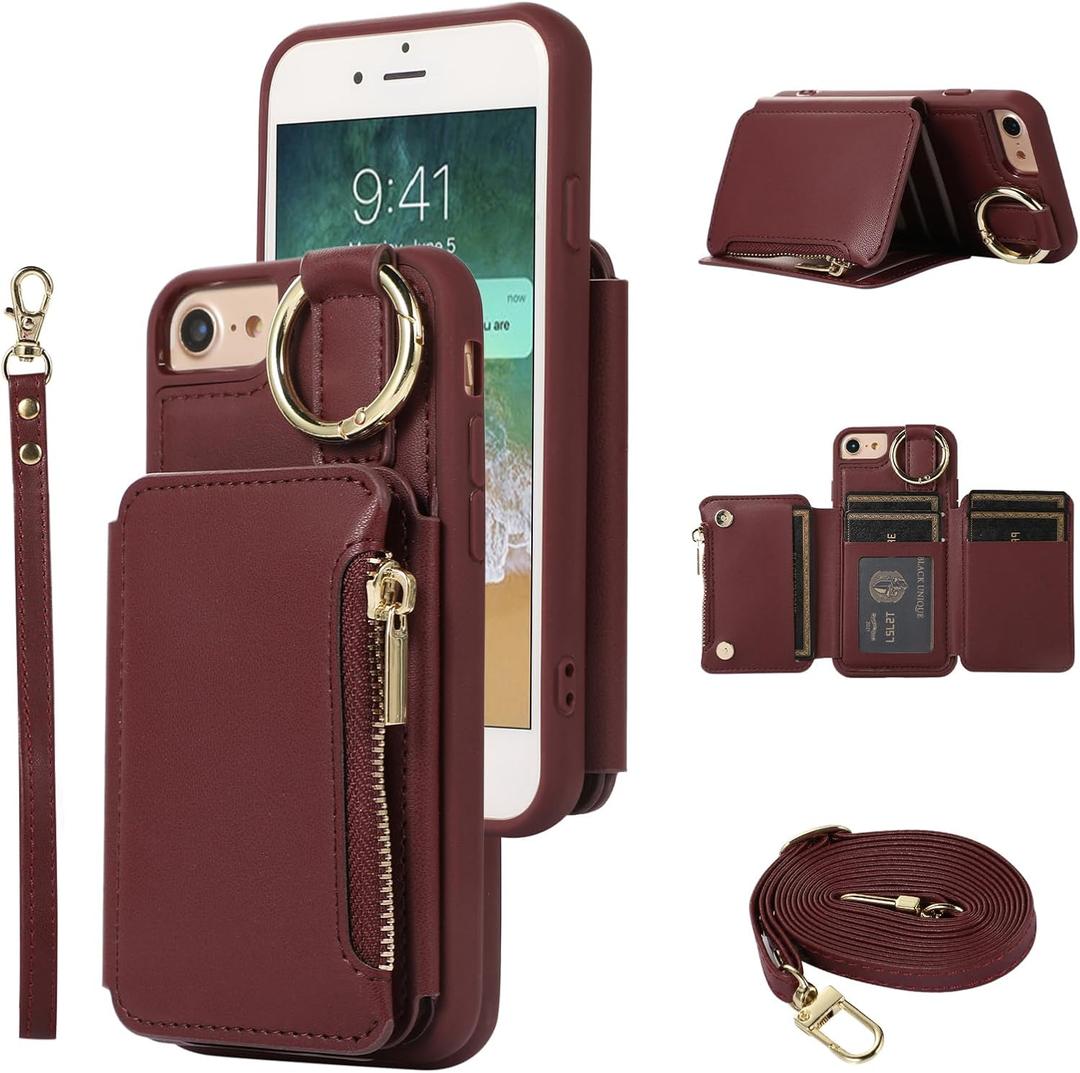 Wallet Case for iPhone 7/8/SE 2020/2022 Leather Clasp Flip Zipper Purse with Shoulder Strap Card Holder Phone Cover for iPhone7 iPhone8 7s 8s i SE2020 SE2022 2/2nd/3/3rd Generation SE2 SE3 Red