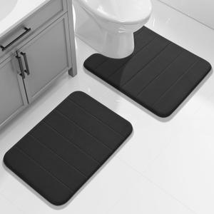 Yimobra U-Shaped Toilet Bath Mat Set 2 Piece - Super Soft Absorbent Quick Dry Memory Foam Bathroom Rugs, Machine Washable Non Slip Floor Carpet for Tub Shower & Single Sink (17x24 & 24x20, Black)