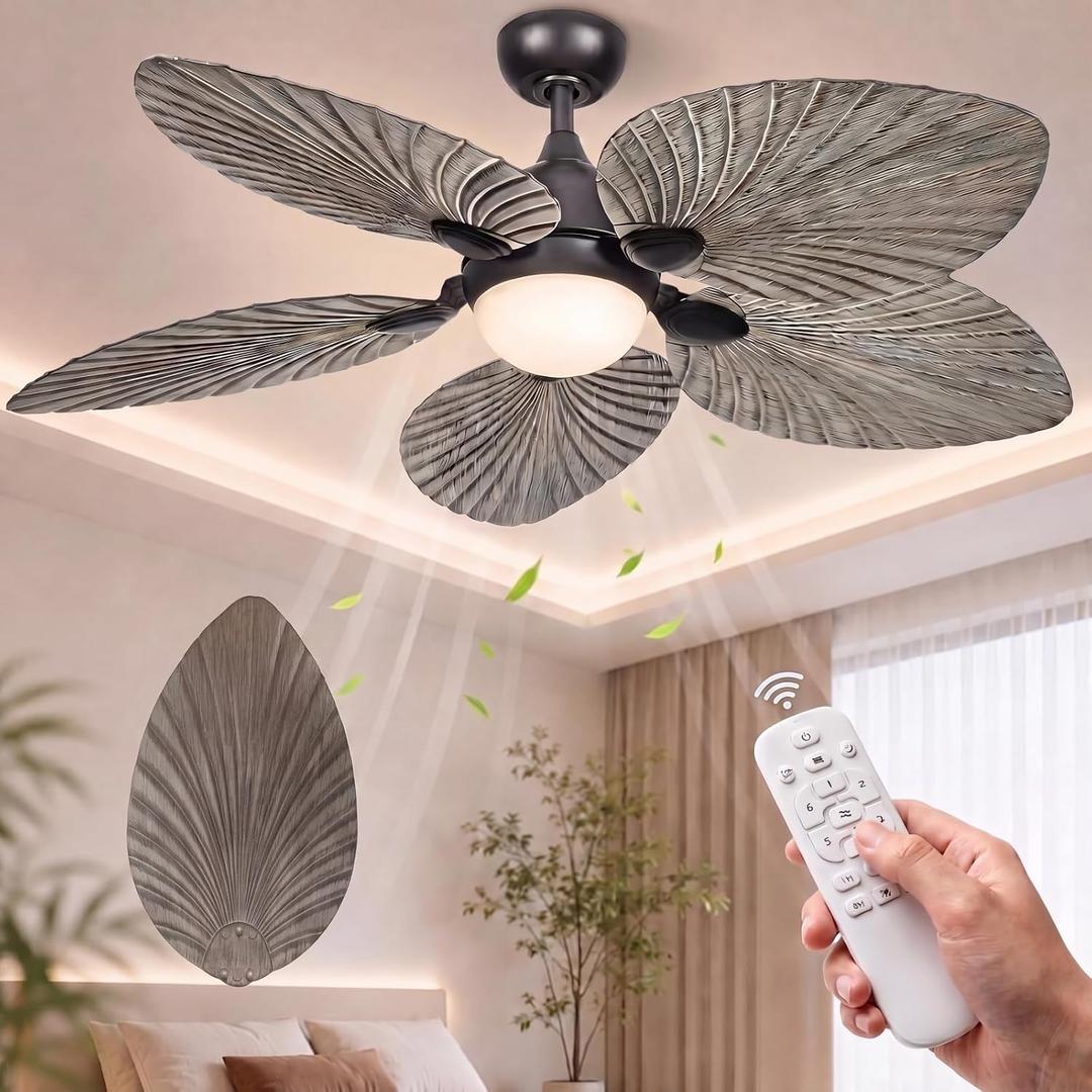 52" Modern Tropical Ceiling Fan with Light and Remote for Bedroom | LED Dimmable Tri-Color Temperature, 5 Blade Ceiling Fans Reversible, 6 Speeds w/Quiet DC Motor, living room, bedroom, kitchen, Large