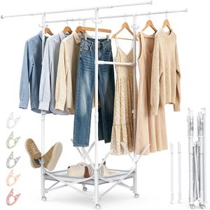 Portable Foldable Clothes Drying Rack - Adjustable Double Extendable Rods (33.1 to 56.7) -Portable Coat Rack for Travel, Camping, Drying, RV, Indoor, Outdoor, Easy AssembleWhite