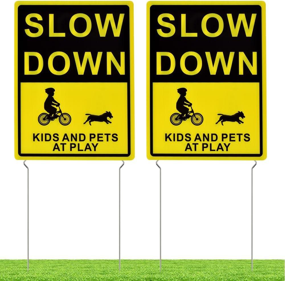 Kichwit Slow Down Kids and Pets at Play Yard Signs with Metal Stakes, 16 x 12 Inches/25.7 Inch High, 2 Pack Double Sided Children at Play Safety Signs for Street