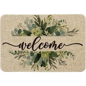 Artoid Mode Eucalyptus Floral Leaves Welcome Spring Doormat, Summer Decor Low-Profile Switch Rug Door Mat Floor Mat for Indoor Outdoor 24x35 Inch (Beige)