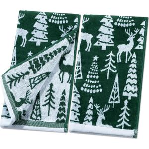 Shemilly 2pcs Christmas Hand Towels Green Elk Christmas Tree Jacquard Hand Towel for Bath 100% Cotton Thick Soft Bathroom Kitchen Decorative Set for Xmas Winter Holiday Decor Gift,16 x 27 Inch