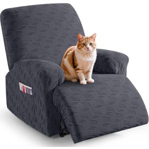 TAOCOCO Recliner Cover 3 Pieces Recliner Chair Covers, Stretch Jacquard Reclining Chair Cover, Furniture Protector Sofa Slipcovers Couch Covers with Elastic Bottom for Kids, Pets (Dark Grey) (1 Seater)