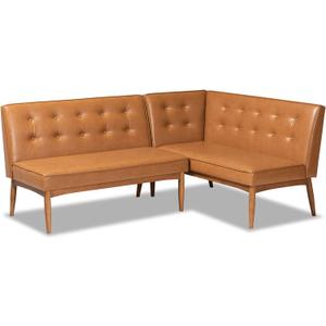 Baxton Studio Arvid Mid-Century Modern Tan Faux Leather Upholstered and Walnut Brown Finished Wood 2-Piece Dining Corner Sofa Bench