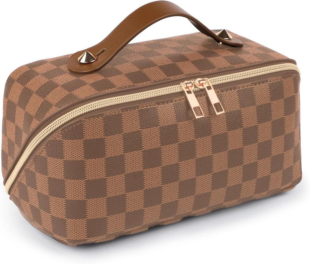 Leather Travel Makeup Bag, Large Capacity Cosmetic Bag for Women, Waterproof Portable Pouch with Divider, Toiletry Organizer with Handle, 10.5x5x5 Inches, Deep Brown