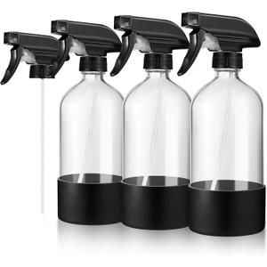 3 Pcs 16oz Empty Glass Spray Bottle with Black Silicone Sleeve Protection - Refillable Boston Round Containers with Adjustable Nozzle for Cleaning Solutions, Essential Oils, Misting Plants, Gardening