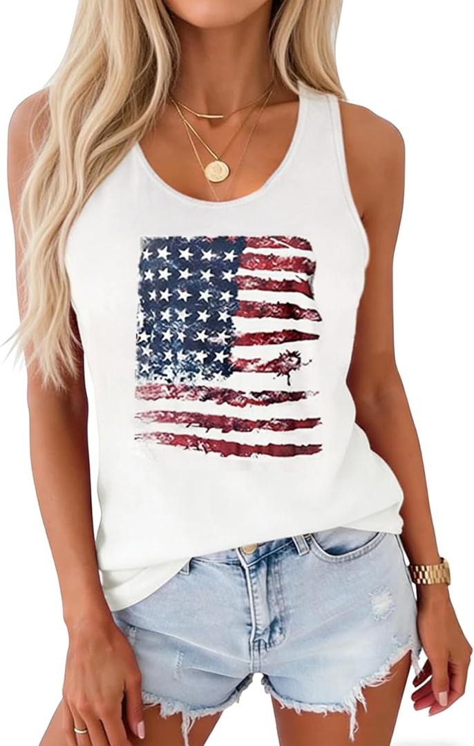 Women's American Flag Racerback Tank Top Patriotic 4th of July Sleeveless Casual Vest (XL)