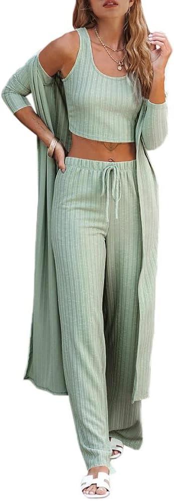 Fessceruna Womens 3 Piece Lounge Sets Pajamas Knit Long Sleeve Cardigan Crop Top Wide Leg Pants Loungewear Set (X-Large, A-light Green)