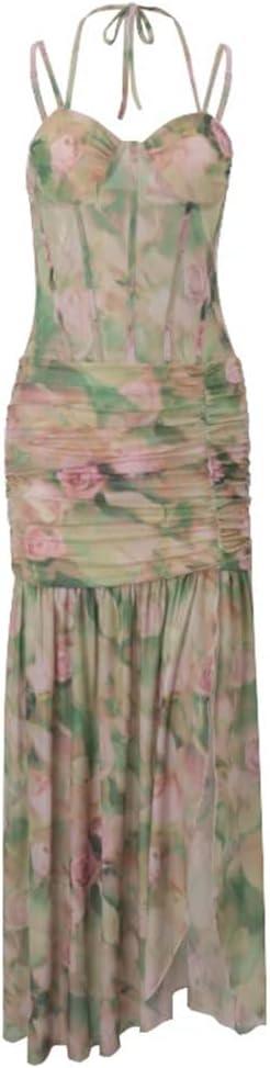 Women Split Floral Bodycon Dress Sleeveless Spaghetti Strap Summer Beach Club Fashion Slim Fit Dress (Small, En8)