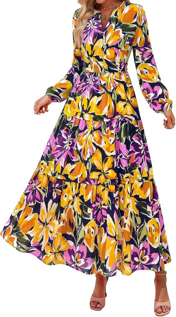 PRETTYGARDEN Womens 2026 Fall Fashion Clothing Boho Maxi Dresses Floral Long Sleeve Flowy Elegant Wedding Guest Holiday Dress (S)