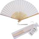 50 Sets Imitated Silk Hand Fan with Tassel and Organza Bags and Thank You Tags Fabric Handheld Folding Fans Bamboo Frame Bridal Dancing Props Wedding Party Favors (White)